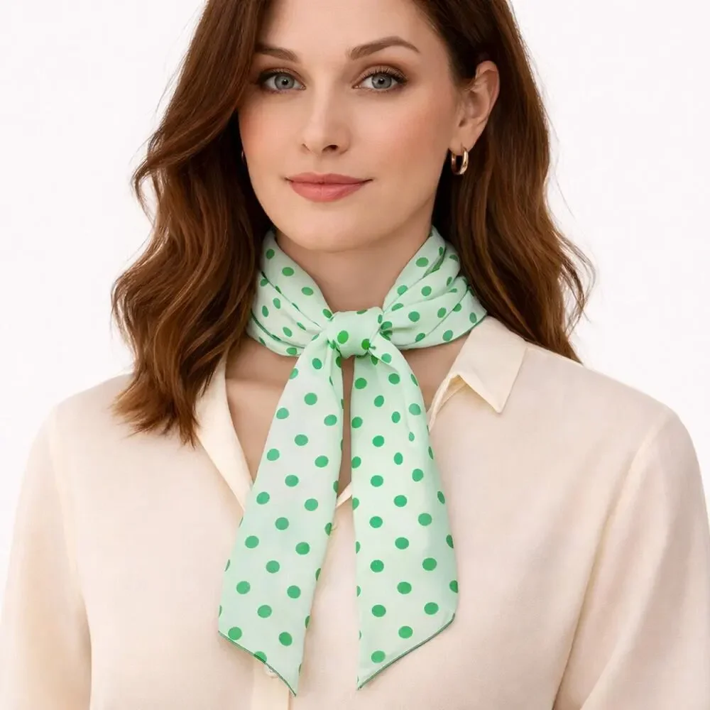 Vintage Ray Strauss Silk Polka Dot Scarf Green White Long 10.5x42 Mod - Hey Viv